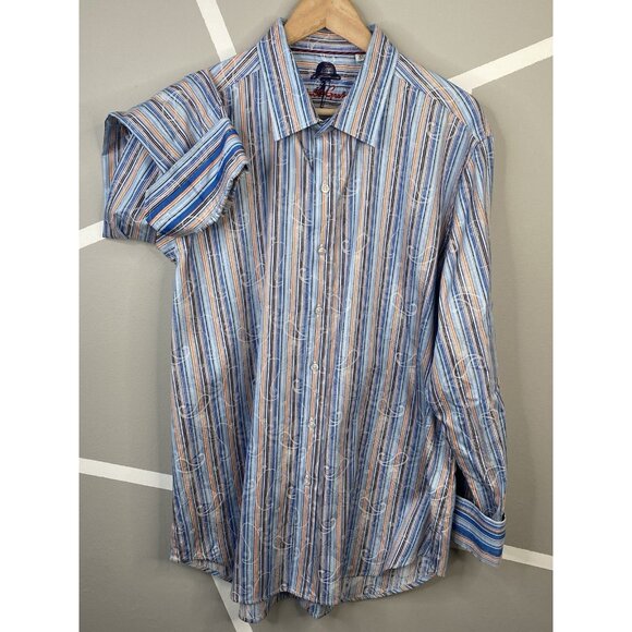 Robert Graham Striped Paisley Flip Cuff Mens XL Long Sleeve Shirt Blue Classic - Picture 1 of 16